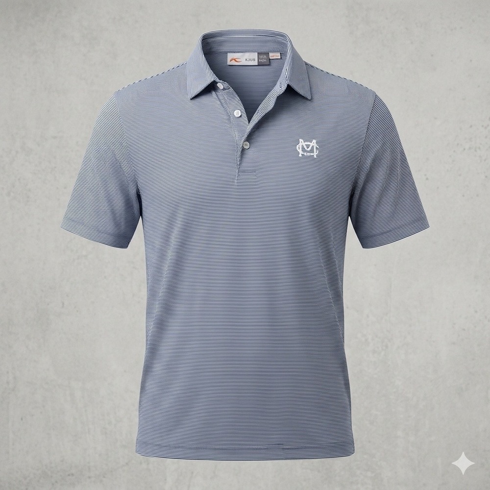 KJUS Golf Polo Shirt Men's Medium Blue White Micro Stripe Montecito Club 1918